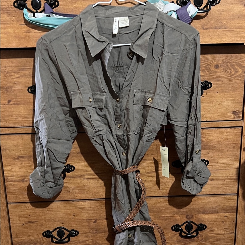 Casual Khaki Shirt Dress with Braided Belt